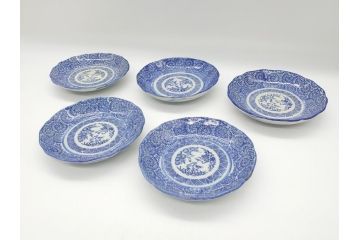 明治〜大正期　伊万里　印判　蛸唐草　松竹梅文　4.6寸　約14cm　輪花型　小皿5枚セット(四寸六分、和皿、和食器)(R-063127)