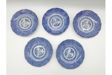 明治〜大正期　伊万里　印判　蛸唐草　松竹梅文　4.6寸　約14cm　輪花型　小皿5枚セット(四寸六分、和皿、和食器)(R-063127)