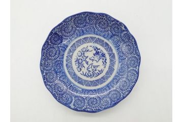 明治〜大正期　伊万里　印判　蛸唐草　松竹梅文　4.6寸　約14cm　輪花型　小皿5枚セット(四寸六分、和皿、和食器)(R-063127)