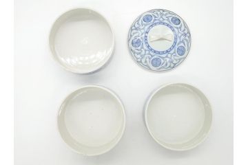 幕末　伊万里　染付　線描　草花文　丸　直径5.2寸　約16cm　三段重(重箱、陶器、和食器、五寸二分)(R-063128)