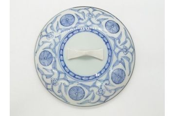 幕末　伊万里　染付　線描　草花文　丸　直径5.2寸　約16cm　三段重(重箱、陶器、和食器、五寸二分)(R-063128)