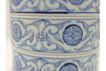 幕末　伊万里　染付　線描　草花文　丸　直径5.2寸　約16cm　三段重(重箱、陶器、和食器、五寸二分)(R-063128)
