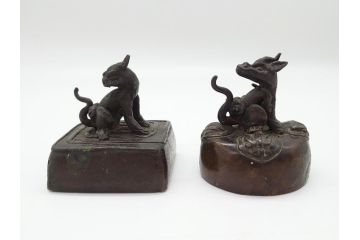 時代物　古銅印　獅子　瑞玉集門　地瑞〇開　銅印2個(角印・丸印)(印章、印材、判子、中国?、唐物?)(R-063164)