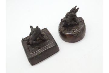 時代物　古銅印　獅子　瑞玉集門　地瑞〇開　銅印2個(角印・丸印)(印章、印材、判子、中国?、唐物?)(R-063164)