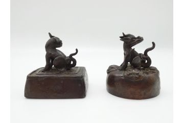 時代物　古銅印　獅子　瑞玉集門　地瑞〇開　銅印2個(角印・丸印)(印章、印材、判子、中国?、唐物?)(R-063164)
