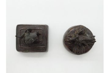 時代物　古銅印　獅子　瑞玉集門　地瑞〇開　銅印2個(角印・丸印)(印章、印材、判子、中国?、唐物?)(R-063164)