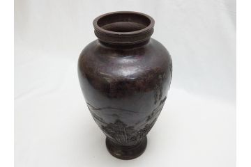 双泉堂　山水図　雷紋　紫斑銅　銅花瓶(斑紫銅、花器、花入、花生、記念品、大正九年三月)(R-063166)