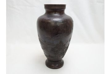 双泉堂　山水図　雷紋　紫斑銅　銅花瓶(斑紫銅、花器、花入、花生、記念品、大正九年三月)(R-063166)