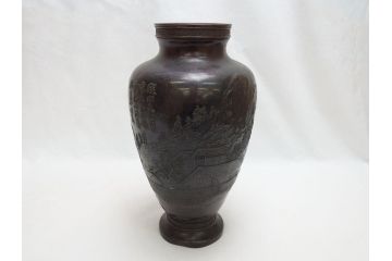双泉堂　山水図　雷紋　紫斑銅　銅花瓶(斑紫銅、花器、花入、花生、記念品、大正九年三月)(R-063166)