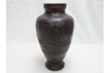 双泉堂　山水図　雷紋　紫斑銅　銅花瓶(斑紫銅、花器、花入、花生、記念品、大正九年三月)(R-063166)