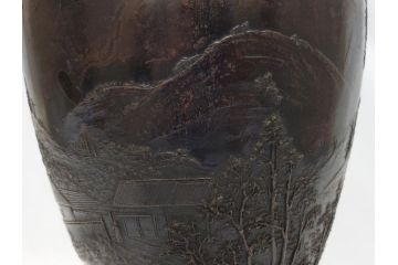 双泉堂　山水図　雷紋　紫斑銅　銅花瓶(斑紫銅、花器、花入、花生、記念品、大正九年三月)(R-063166)