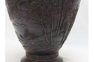 双泉堂　山水図　雷紋　紫斑銅　銅花瓶(斑紫銅、花器、花入、花生、記念品、大正九年三月)(R-063166)