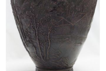 双泉堂　山水図　雷紋　紫斑銅　銅花瓶(斑紫銅、花器、花入、花生、記念品、大正九年三月)(R-063166)