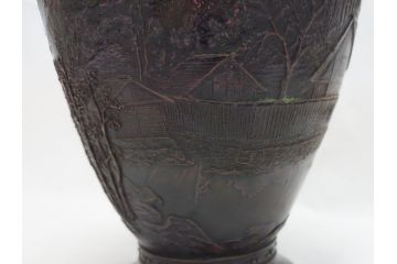 双泉堂　山水図　雷紋　紫斑銅　銅花瓶(斑紫銅、花器、花入、花生、記念品、大正九年三月)(R-063166)
