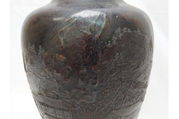 双泉堂　山水図　雷紋　紫斑銅　銅花瓶(斑紫銅、花器、花入、花生、記念品、大正九年三月)(R-063166)