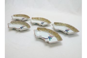  	明治期　九谷焼　二重角福　色絵　木に鳥文　変形皿5枚セット(共箱付き、和皿、和食器)(R-063205)