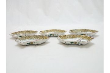  	明治期　九谷焼　二重角福　色絵　木に鳥文　変形皿5枚セット(共箱付き、和皿、和食器)(R-063205)