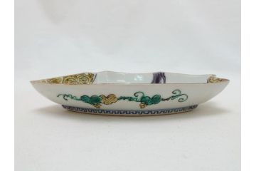  	明治期　九谷焼　二重角福　色絵　木に鳥文　変形皿5枚セット(共箱付き、和皿、和食器)(R-063205)