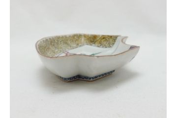  	明治期　九谷焼　二重角福　色絵　木に鳥文　変形皿5枚セット(共箱付き、和皿、和食器)(R-063205)