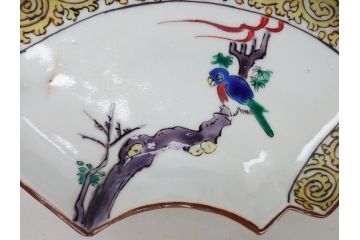  	明治期　九谷焼　二重角福　色絵　木に鳥文　変形皿5枚セット(共箱付き、和皿、和食器)(R-063205)