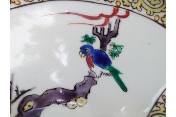  	明治期　九谷焼　二重角福　色絵　木に鳥文　変形皿5枚セット(共箱付き、和皿、和食器)(R-063205)
