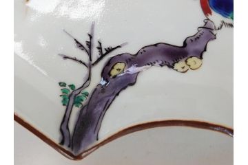  	明治期　九谷焼　二重角福　色絵　木に鳥文　変形皿5枚セット(共箱付き、和皿、和食器)(R-063205)