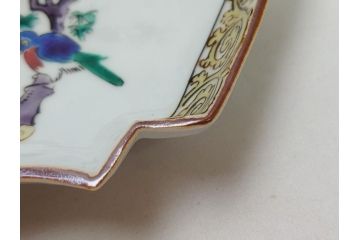  	明治期　九谷焼　二重角福　色絵　木に鳥文　変形皿5枚セット(共箱付き、和皿、和食器)(R-063205)