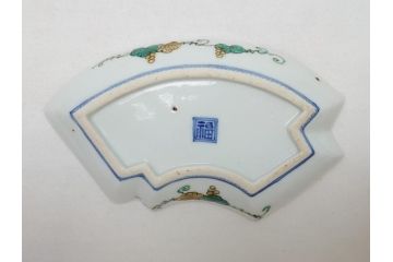  	明治期　九谷焼　二重角福　色絵　木に鳥文　変形皿5枚セット(共箱付き、和皿、和食器)(R-063205)