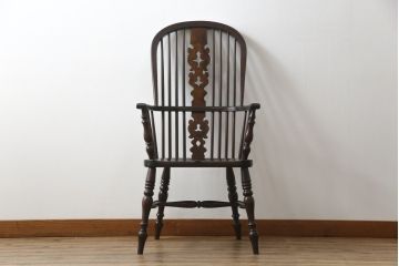 中古　松本民芸家具　#44A型　シックな色合いとクラシカルな佇まいが魅力のウィンザーチェア(ウインザーチェア、アームチェア、板座チェア、ダイニングチェア、椅子、イス)(定価約20万円)(R-063209)