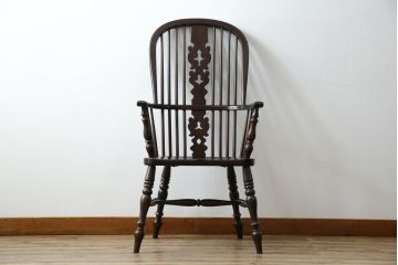 中古　松本民芸家具　#44A型　シックな色合いとクラシカルな佇まいが魅力のウィンザーチェア(ウインザーチェア、アームチェア、板座チェア、ダイニングチェア、椅子、イス)(定価約20万円)(R-063210)