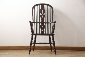 中古　松本民芸家具　#44A型　シックな色合いとクラシカルな佇まいが魅力のウィンザーチェア(ウインザーチェア、アームチェア、板座チェア、ダイニングチェア、椅子、イス)(定価約20万円)(R-063211)