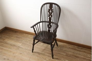 中古　松本民芸家具　#44A型　シックな色合いとクラシカルな佇まいが魅力のウィンザーチェア(ウインザーチェア、アームチェア、板座チェア、ダイニングチェア、椅子、イス)(定価約20万円)(R-063211)
