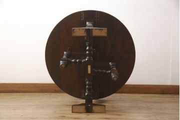 中古　美品　松本民芸家具　脚のデザインがシックな#13型T・Fバタフライ卓(バタフライテーブル、サイドテーブル、ラウンドテーブル、丸テーブル、ドロップリーフテーブル、カフェテーブル、コーヒーテーブル)(定価約18万円)(R-063216)