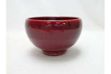 韓国人間国宝　申相浩　松南　李方子　楽善齋　辰砂茶碗(二重箱付き、抹茶茶碗)(R-063262)
