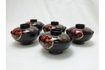 松竹梅文　蒔絵　木製　吸物椀5客セット(共箱付き、和食器、漆器、黒漆、お椀)(R-063273)
