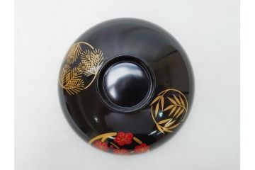 松竹梅文　蒔絵　木製　吸物椀5客セット(共箱付き、和食器、漆器、黒漆、お椀)(R-063273)