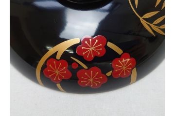 松竹梅文　蒔絵　木製　吸物椀5客セット(共箱付き、和食器、漆器、黒漆、お椀)(R-063273)