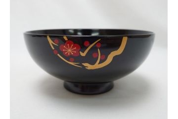 松竹梅文　蒔絵　木製　吸物椀5客セット(共箱付き、和食器、漆器、黒漆、お椀)(R-063273)