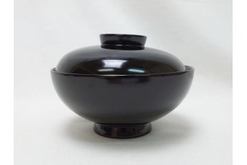 松竹梅文　蒔絵　木製　吸物椀5客セット(共箱付き、和食器、漆器、黒漆、お椀)(R-063273)
