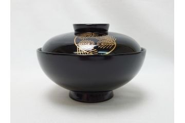 松竹梅文　蒔絵　木製　吸物椀5客セット(共箱付き、和食器、漆器、黒漆、お椀)(R-063273)