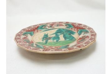 古犬山焼　麒麟　鳳凰文　6.2寸　約19cm　赤絵十八角皿(共箱付き、和食器、平皿、6寸2分)(R-063274)
