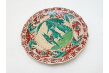 古犬山焼　麒麟　鳳凰文　6.2寸　約19cm　赤絵十八角皿(共箱付き、和食器、平皿、6寸2分)(R-063274)