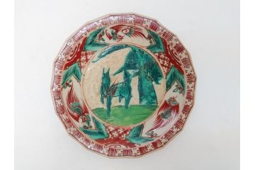 古犬山焼　麒麟　鳳凰文　6.2寸　約19cm　赤絵十八角皿(共箱付き、和食器、平皿、6寸2分)(R-063274)