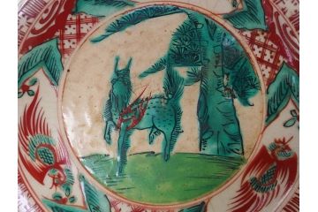 古犬山焼　麒麟　鳳凰文　6.2寸　約19cm　赤絵十八角皿(共箱付き、和食器、平皿、6寸2分)(R-063274)