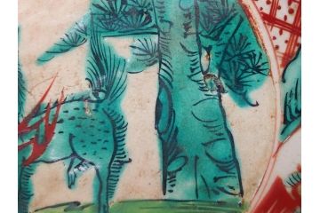 古犬山焼　麒麟　鳳凰文　6.2寸　約19cm　赤絵十八角皿(共箱付き、和食器、平皿、6寸2分)(R-063274)