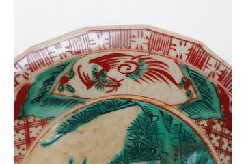 古犬山焼　麒麟　鳳凰文　6.2寸　約19cm　赤絵十八角皿(共箱付き、和食器、平皿、6寸2分)(R-063274)