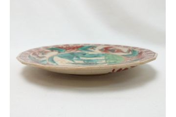 古犬山焼　麒麟　鳳凰文　6.2寸　約19cm　赤絵十八角皿(共箱付き、和食器、平皿、6寸2分)(R-063274)