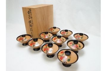 大正〜昭和初期　柿蒔絵　宮内庁御用達　平安堂　山田漆器店　輪島塗　白塗　吸物椀10客セット(共箱付き、和食器)(R-063276)