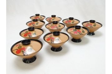 大正〜昭和初期　柿蒔絵　宮内庁御用達　平安堂　山田漆器店　輪島塗　白塗　吸物椀10客セット(共箱付き、和食器)(R-063276)
