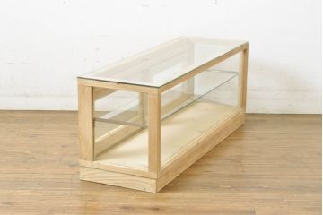 和製アンティーク　昭和レトロ　ナラ(楢)材　卓上　ロータイプ　シンプルなデザインで取り入れやすいガラスケース(ショーケース、陳列棚、店舗什器、コレクションケース)(R-063280)